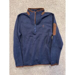 Browning Pullover Mens Medium Blue Quarter Zip Fleece Suede Trim Outdoor Sweater
